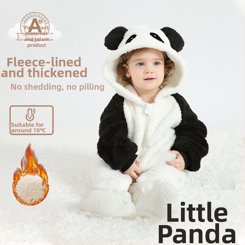 Bebriuko kombinezonas su Panda motyvu, gobtuvu iš Sherpa pūkų, storas audinys, užtrauktukas, amžius 1–3 metų (aukštis 80–100 cm)
