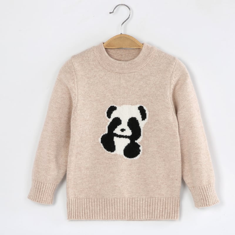 Vaikų megztinis su panda modeliu, kašmyro-vilnos mišinys, ilgos rankovės, apvalus kaklas