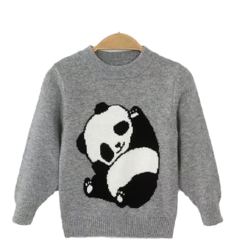 Vaikų megztinis su panda modeliu, kašmyro-vilnos mišinys, ilgos rankovės, apvalus kaklas