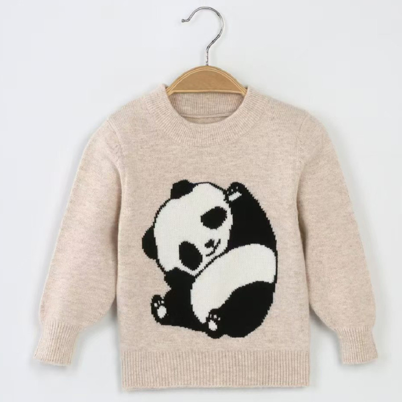 Vaikų megztinis su panda modeliu, kašmyro-vilnos mišinys, ilgos rankovės, apvalus kaklas