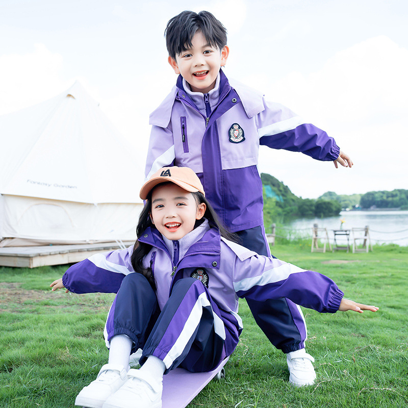 Tryjų dalių mokyklinės uniformos komplektas (švarkas + marškiniai su ilgomis rankovėmis + kelnės), 100% acetato pluoštas, unisex, nuimamas gobtuvas, vaikams 3–8 metai