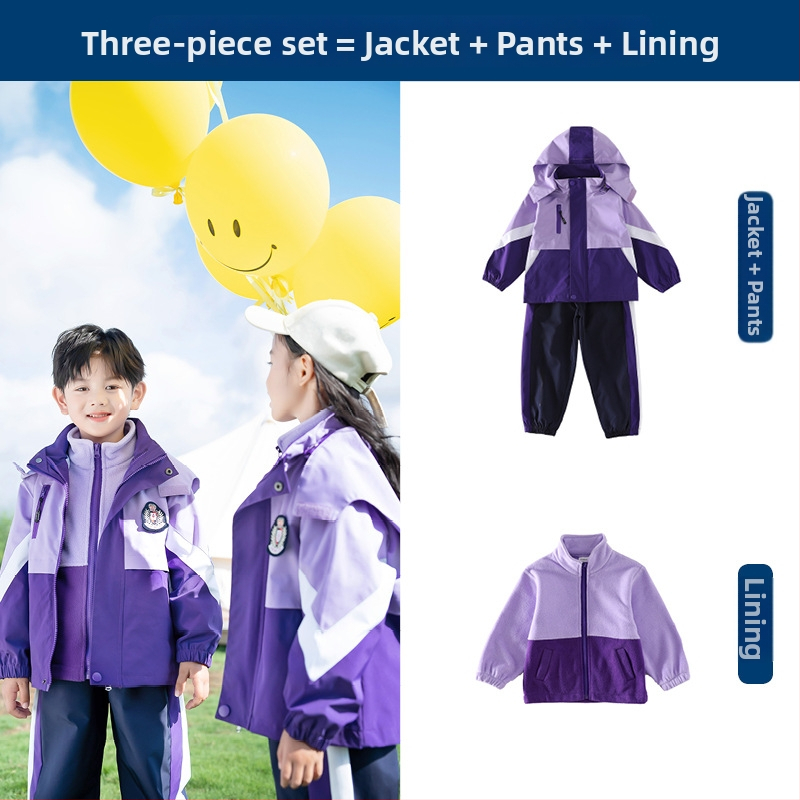 Tryjų dalių mokyklinės uniformos komplektas (švarkas + marškiniai su ilgomis rankovėmis + kelnės), 100% acetato pluoštas, unisex, nuimamas gobtuvas, vaikams 3–8 metai