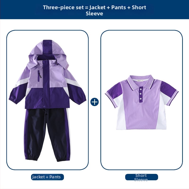 Tryjų dalių mokyklinės uniformos komplektas (švarkas + marškiniai su ilgomis rankovėmis + kelnės), 100% acetato pluoštas, unisex, nuimamas gobtuvas, vaikams 3–8 metai