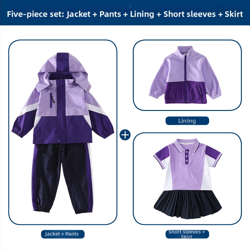 Tryjų dalių mokyklinės uniformos komplektas (švarkas + marškiniai su ilgomis rankovėmis + kelnės), 100% acetato pluoštas, unisex, nuimamas gobtuvas, vaikams 3–8 metai