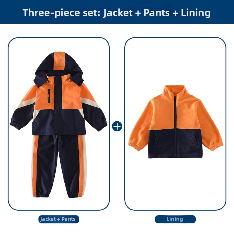 Tryjų dalių mokyklinės uniformos komplektas (švarkas + marškiniai su ilgomis rankovėmis + kelnės), 100% acetato pluoštas, unisex, nuimamas gobtuvas, vaikams 3–8 metai