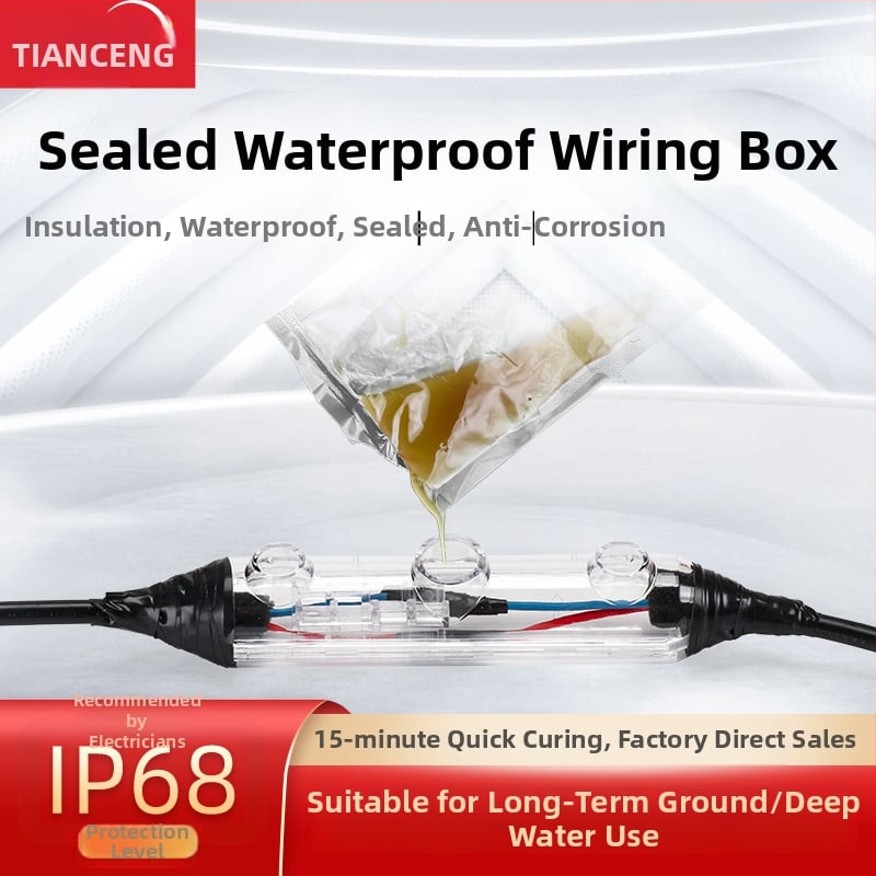 Liimiga täidetud veekindel jaotuskast välisvalgustusele, 1 sisend, 2 väljundit, isolatsiooniga ja tihendatud, pritsmekaitse