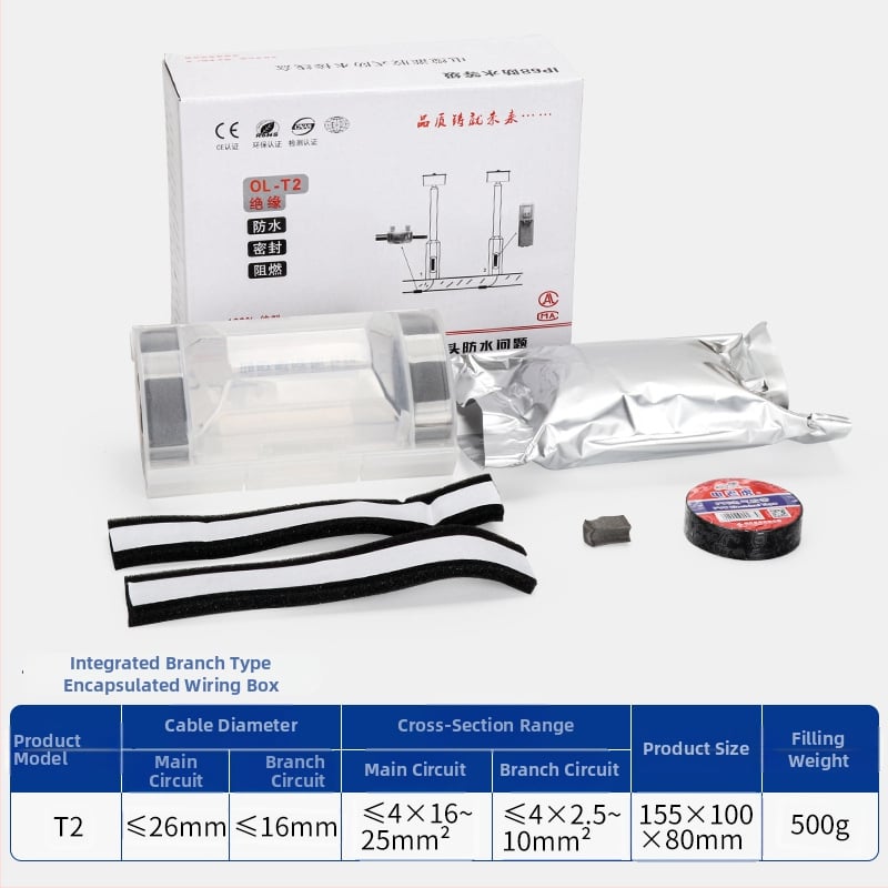 Liimiga täidetud veekindel jaotuskast välisvalgustusele, 1 sisend, 2 väljundit, isolatsiooniga ja tihendatud, pritsmekaitse