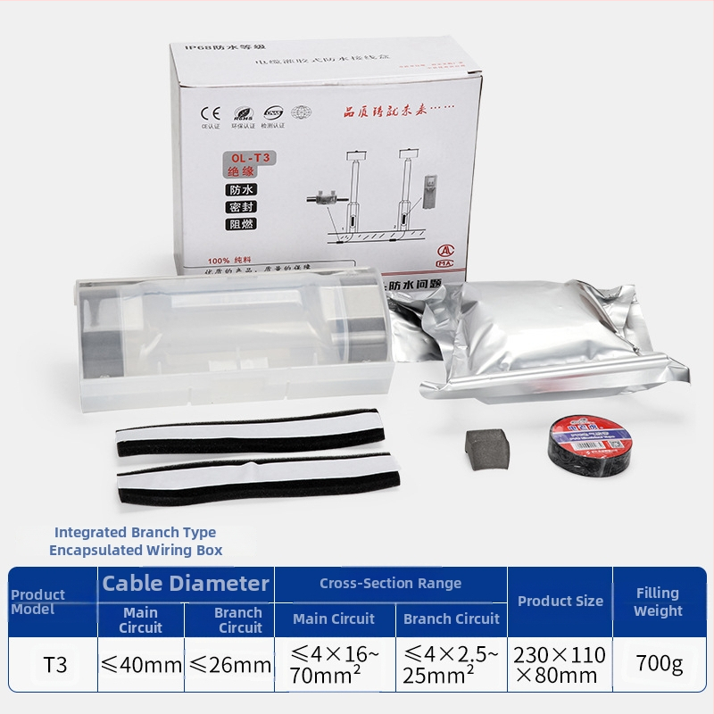 Liimiga täidetud veekindel jaotuskast välisvalgustusele, 1 sisend, 2 väljundit, isolatsiooniga ja tihendatud, pritsmekaitse