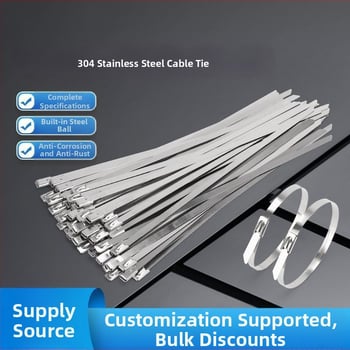 304/201 nerūdijančio plieno kabeliniai dirželiai, savisaugantys užraktai, aukštos temperatūros atsparumas, lauko oksidacijos ir korozijos atsparumas, 50 vnt