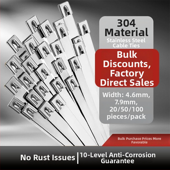 304/201 nerūdijančio plieno kabeliniai dirželiai, savisaugantys užraktai, aukštos temperatūros atsparumas, lauko oksidacijos ir korozijos atsparumas, 50 vnt