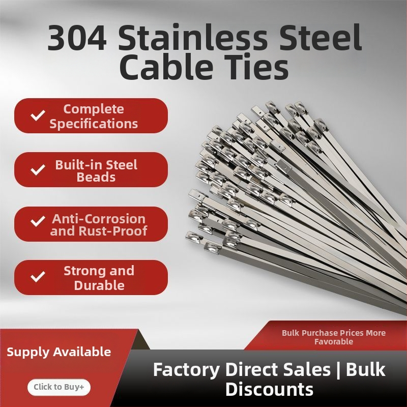 304/201 nerūdijančio plieno kabeliniai dirželiai, savisaugantys užraktai, aukštos temperatūros atsparumas, lauko oksidacijos ir korozijos atsparumas, 50 vnt