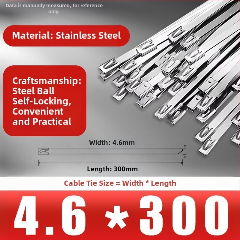 304/201 nerūdijančio plieno kabeliniai dirželiai, savisaugantys užraktai, aukštos temperatūros atsparumas, lauko oksidacijos ir korozijos atsparumas, 50 vnt