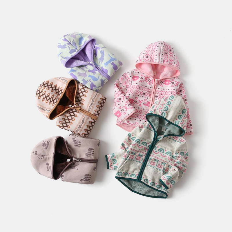 Vaikiška poliarflesinė striukė su gobtuvu ir užtrauktuku, storas, stovėto kaklo, ilgomis rankovėmis, trumpas kirpimas, unisex