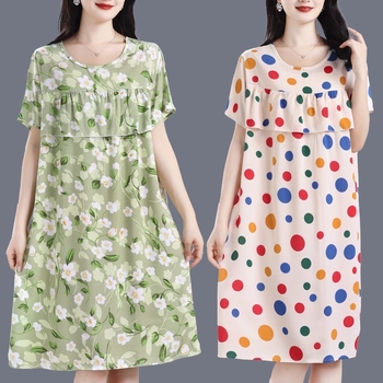 Γυναικείο νυχτικό-φόρεμα από βαμβάκι και μετάξι, στρογγυλός λαιμός, μανίκια 3/4, μακριά φούστα