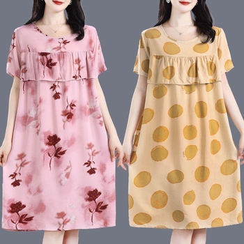 Γυναικείο νυχτικό-φόρεμα από βαμβάκι και μετάξι, στρογγυλός λαιμός, μανίκια 3/4, μακριά φούστα