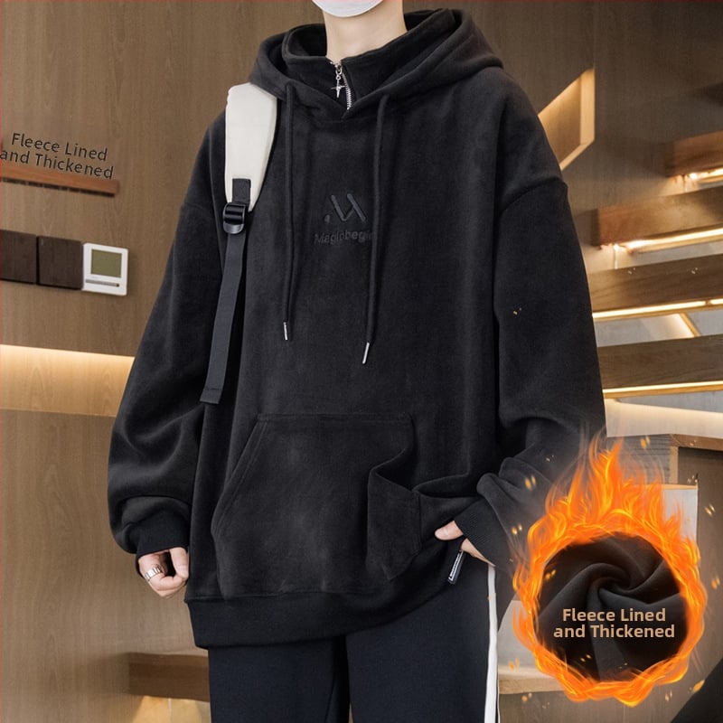 Kapucēta džemperis ar flīsa iekšējo apdari pusaudžiem, brīvā piegriezuma, poliesteris audums, trīsdimensiju patch kabata