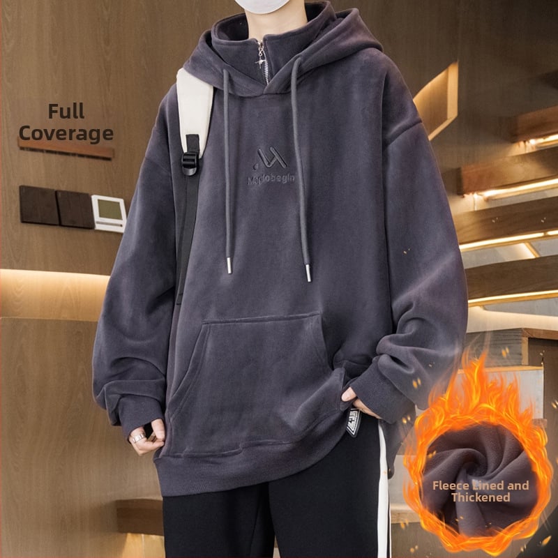 Kapucēta džemperis ar flīsa iekšējo apdari pusaudžiem, brīvā piegriezuma, poliesteris audums, trīsdimensiju patch kabata