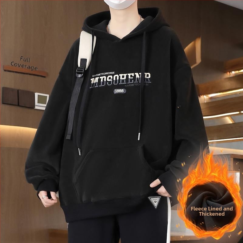 Kapucēta džemperis ar flīsa iekšējo apdari pusaudžiem, brīvā piegriezuma, poliesteris audums, trīsdimensiju patch kabata