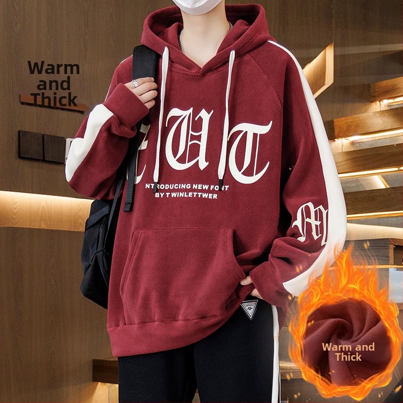 Kapucēta džemperis ar flīsa iekšējo apdari pusaudžiem, brīvā piegriezuma, poliesteris audums, trīsdimensiju patch kabata