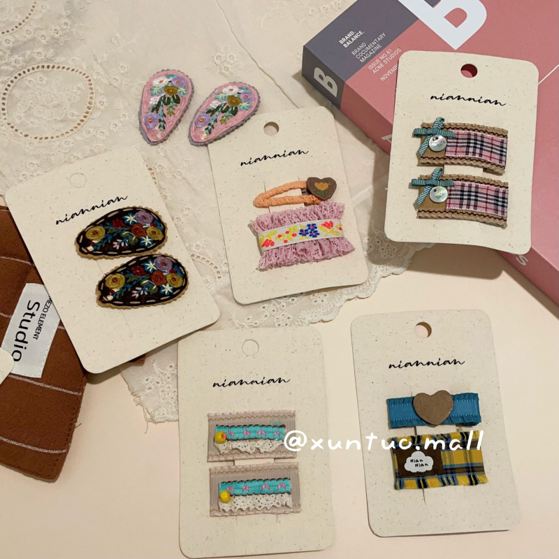 Rūpnie darināts auduma matu klips ar mežģīnēm — Korejas stila pušķveida ziedu raksts, BB klips meitenēm