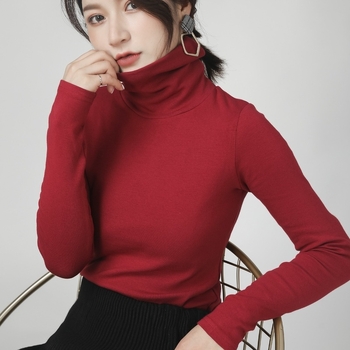 Γυναικείο τοπ με ψηλό γιακά από 100% βαμβάκι, μακριά μανίκια, ελαστικό στενή γραμμή