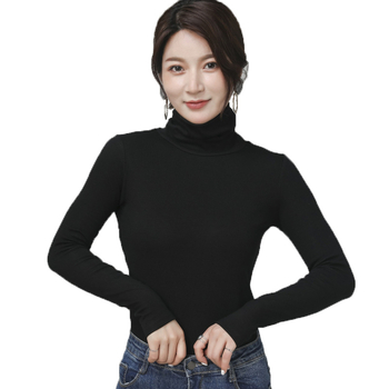 Γυναικείο τοπ με ψηλό γιακά από 100% βαμβάκι, μακριά μανίκια, ελαστικό στενή γραμμή