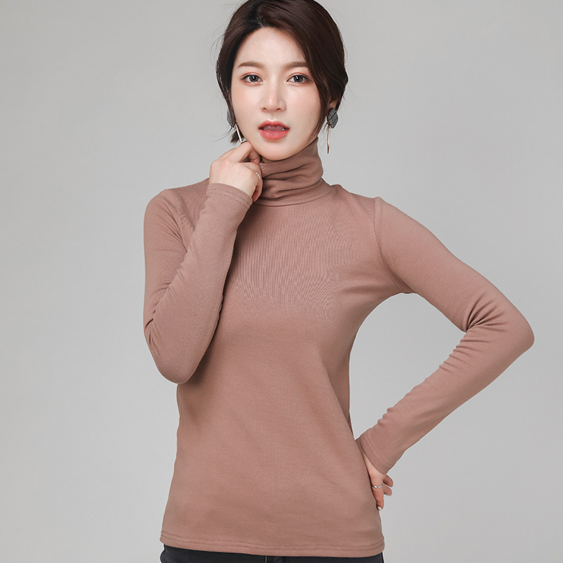 Γυναικείο τοπ με ψηλό γιακά από 100% βαμβάκι, μακριά μανίκια, ελαστικό στενή γραμμή