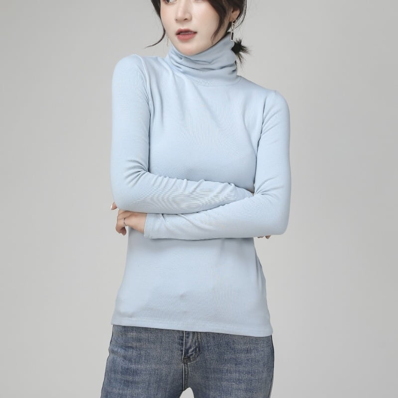 Γυναικείο τοπ με ψηλό γιακά από 100% βαμβάκι, μακριά μανίκια, ελαστικό στενή γραμμή