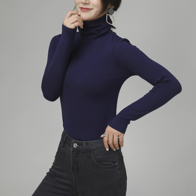 Γυναικείο τοπ με ψηλό γιακά από 100% βαμβάκι, μακριά μανίκια, ελαστικό στενή γραμμή