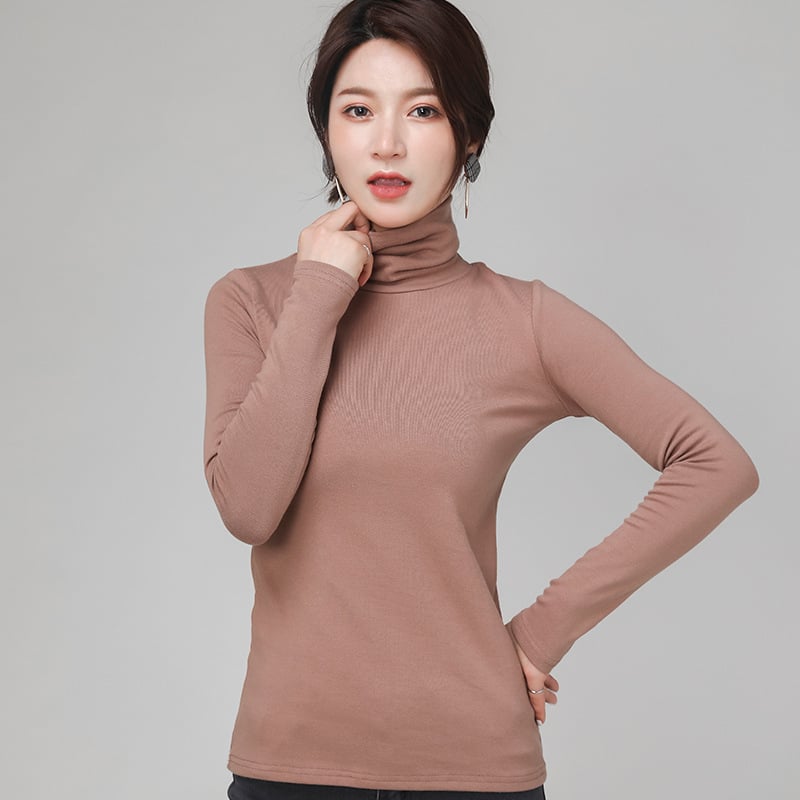 Γυναικείο τοπ με ψηλό γιακά από 100% βαμβάκι, μακριά μανίκια, ελαστικό στενή γραμμή