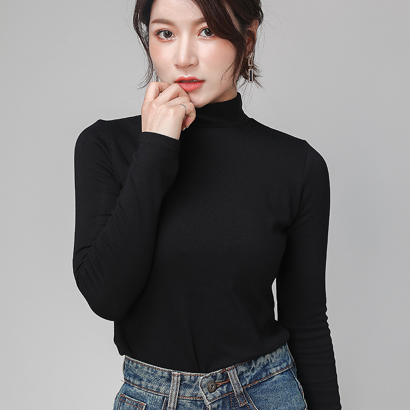 Γυναικείο τοπ με ψηλό γιακά από 100% βαμβάκι, μακριά μανίκια, ελαστικό στενή γραμμή