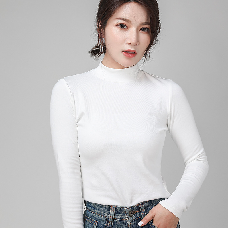 Γυναικείο τοπ με ψηλό γιακά από 100% βαμβάκι, μακριά μανίκια, ελαστικό στενή γραμμή