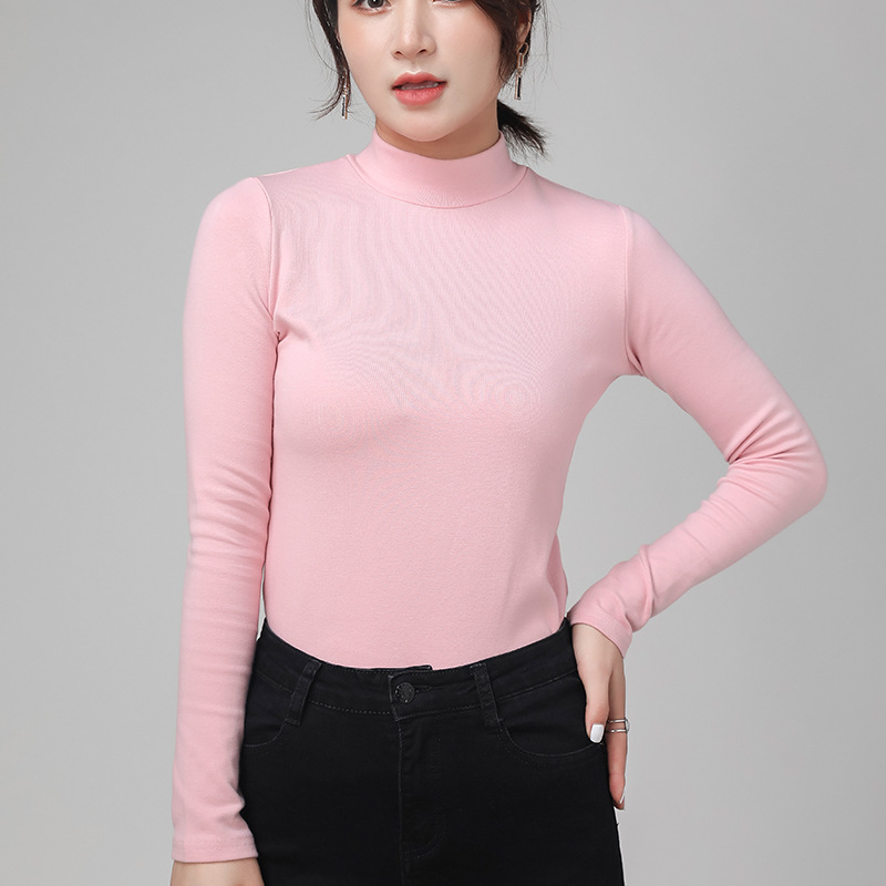 Γυναικείο τοπ με ψηλό γιακά από 100% βαμβάκι, μακριά μανίκια, ελαστικό στενή γραμμή