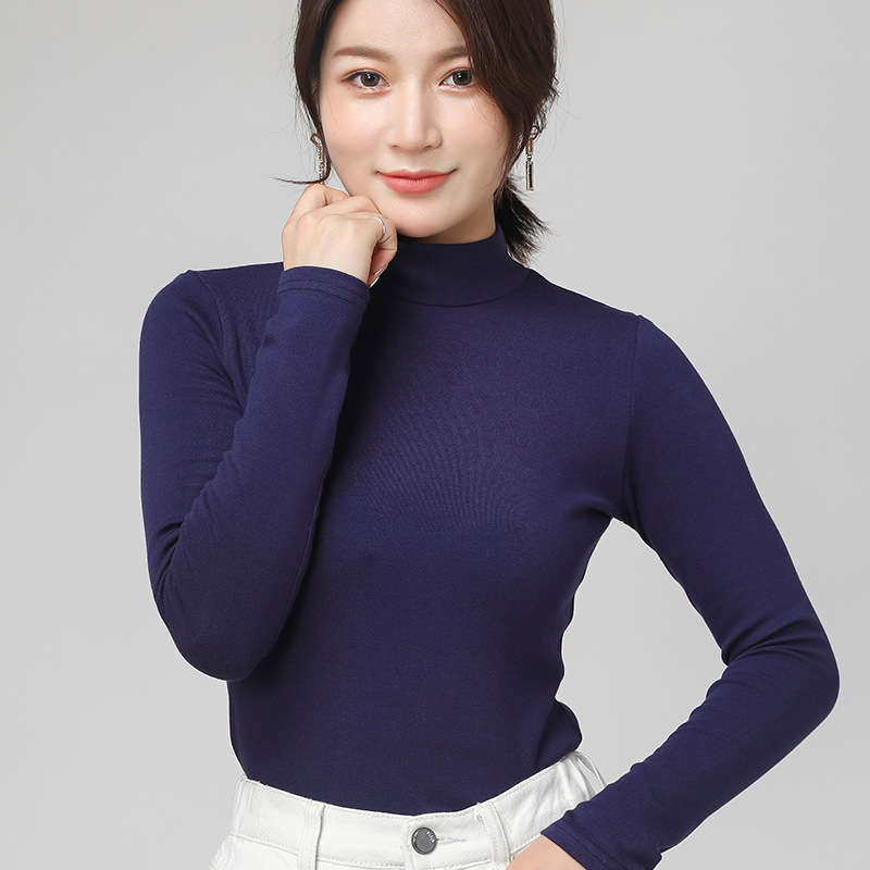 Γυναικείο τοπ με ψηλό γιακά από 100% βαμβάκι, μακριά μανίκια, ελαστικό στενή γραμμή