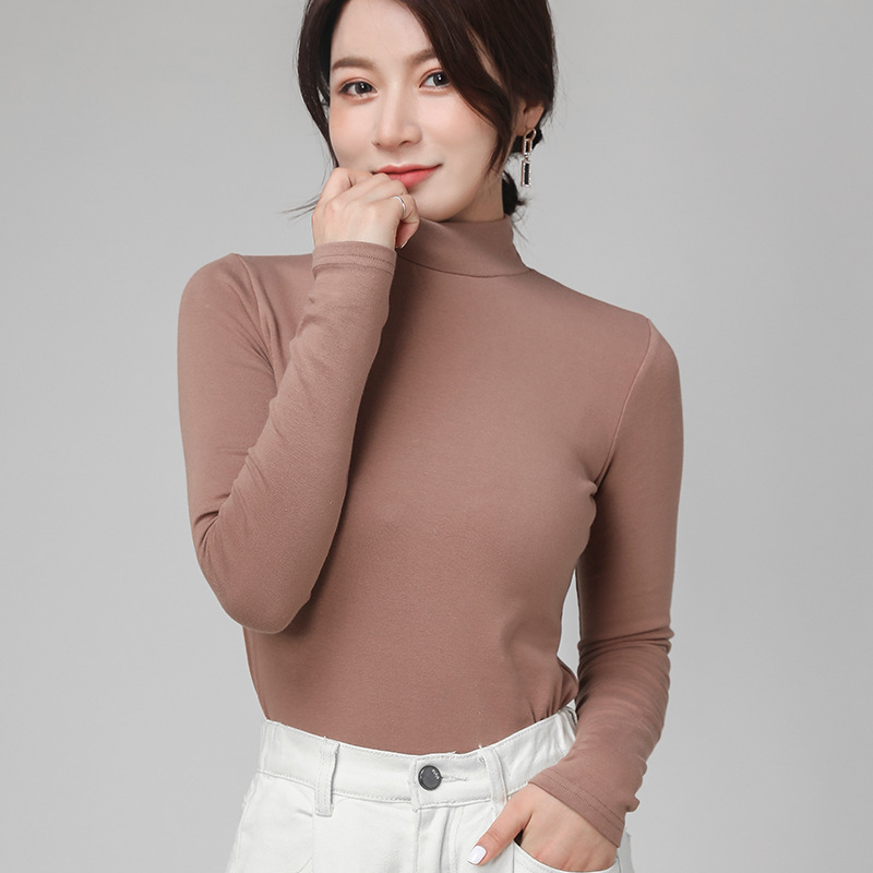 Γυναικείο τοπ με ψηλό γιακά από 100% βαμβάκι, μακριά μανίκια, ελαστικό στενή γραμμή