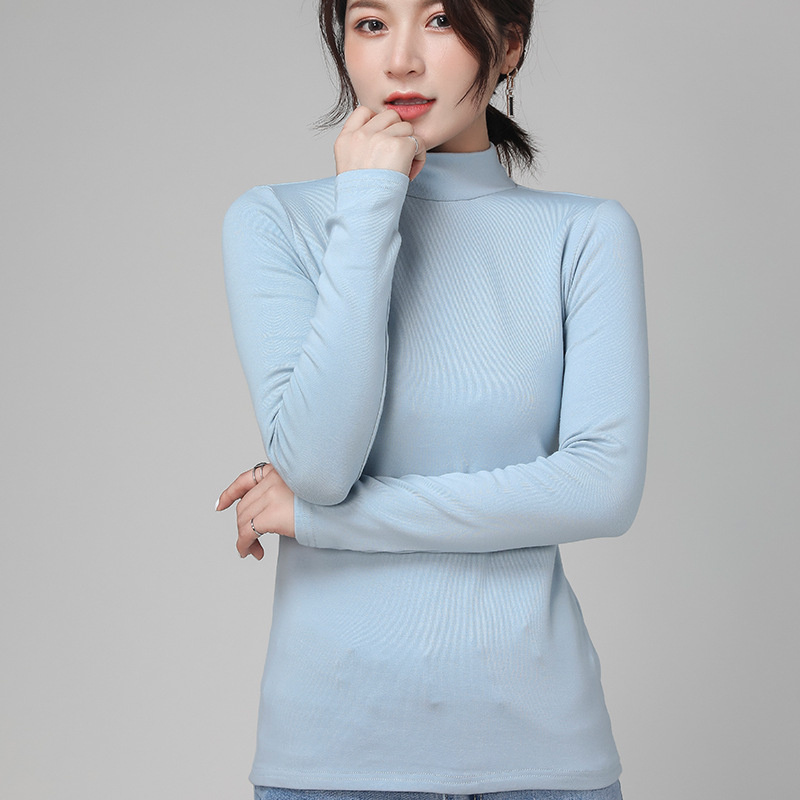 Γυναικείο τοπ με ψηλό γιακά από 100% βαμβάκι, μακριά μανίκια, ελαστικό στενή γραμμή