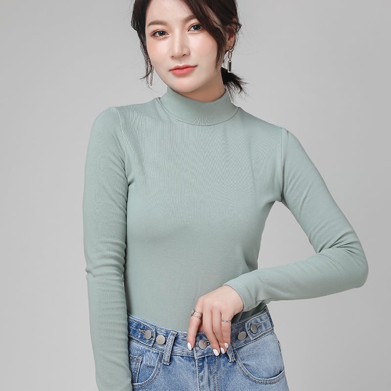 Γυναικείο τοπ με ψηλό γιακά από 100% βαμβάκι, μακριά μανίκια, ελαστικό στενή γραμμή