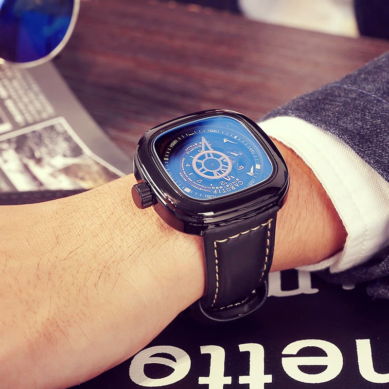 Vīriešu automātiska mehāniskā pulkstenis ar kvadrātveida ciferblatu, metāla korpuss, ādas siksna, 30 m ūdens izturība