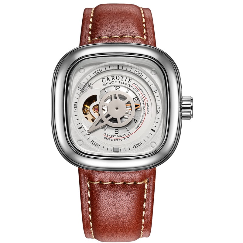 Vīriešu automātiska mehāniskā pulkstenis ar kvadrātveida ciferblatu, metāla korpuss, ādas siksna, 30 m ūdens izturība