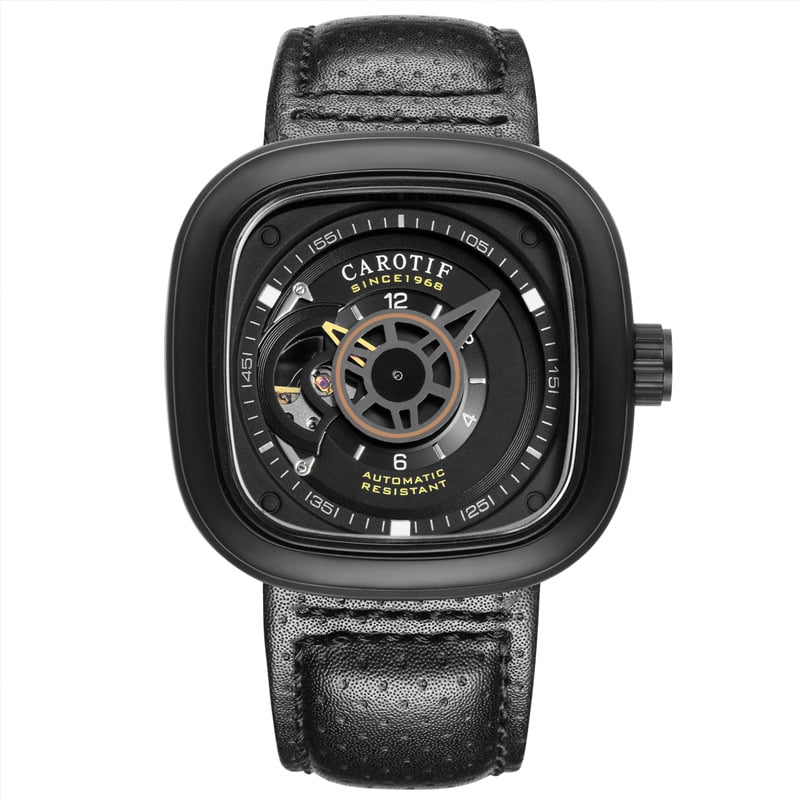 Vīriešu automātiska mehāniskā pulkstenis ar kvadrātveida ciferblatu, metāla korpuss, ādas siksna, 30 m ūdens izturība