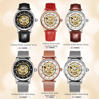 Sieviešu divpusējs skeleta pulkstenis ar automātisko kustību, nerūsējoša tērauda siksna, caurspīdīgs aizmugurējais vāciņš, ūdensizturība 50 m