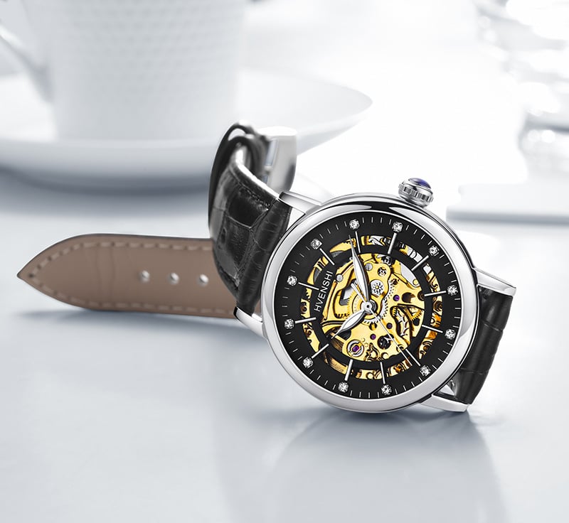 Sieviešu divpusējs skeleta pulkstenis ar automātisko kustību, nerūsējoša tērauda siksna, caurspīdīgs aizmugurējais vāciņš, ūdensizturība 50 m