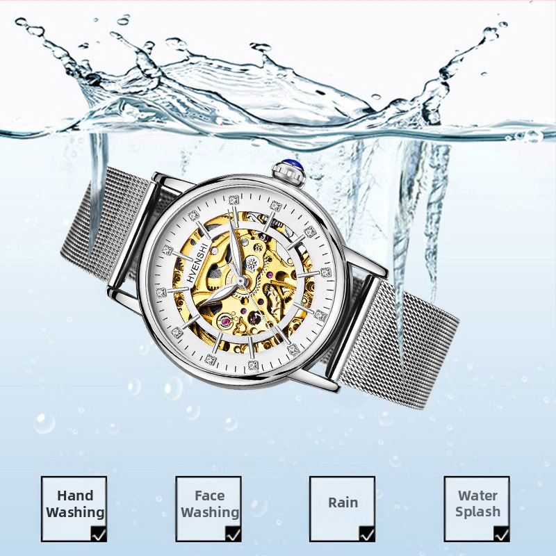 Dámske dvojstranné skeleton hodinky s automatickým pohonom, nerezový remienok, priehľadné zadné sklo, vodotesné do 50 m