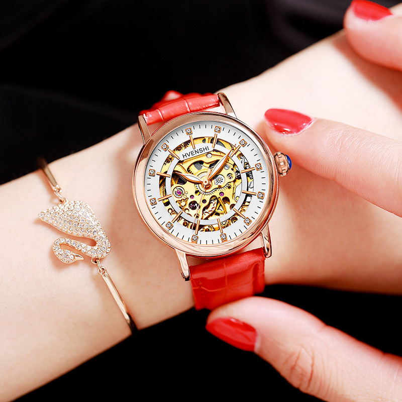 Sieviešu divpusējs skeleta pulkstenis ar automātisko kustību, nerūsējoša tērauda siksna, caurspīdīgs aizmugurējais vāciņš, ūdensizturība 50 m