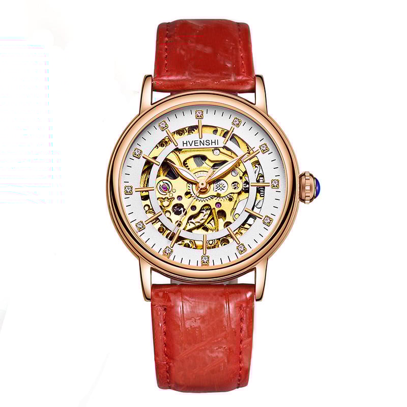 Sieviešu divpusējs skeleta pulkstenis ar automātisko kustību, nerūsējoša tērauda siksna, caurspīdīgs aizmugurējais vāciņš, ūdensizturība 50 m