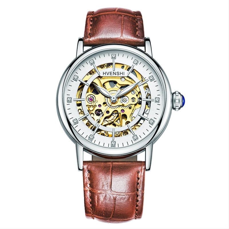 Sieviešu divpusējs skeleta pulkstenis ar automātisko kustību, nerūsējoša tērauda siksna, caurspīdīgs aizmugurējais vāciņš, ūdensizturība 50 m