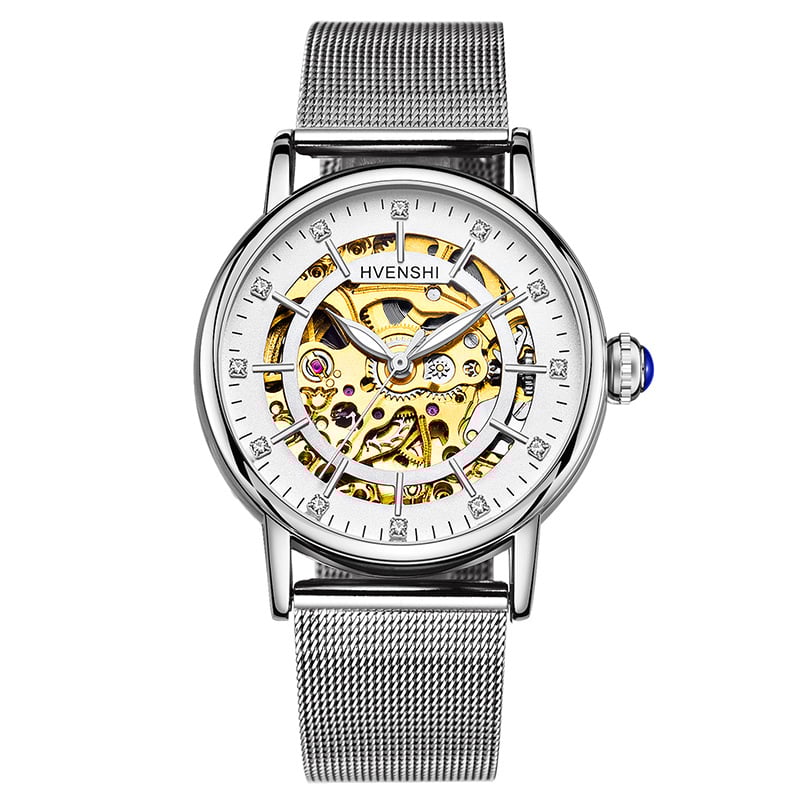 Sieviešu divpusējs skeleta pulkstenis ar automātisko kustību, nerūsējoša tērauda siksna, caurspīdīgs aizmugurējais vāciņš, ūdensizturība 50 m