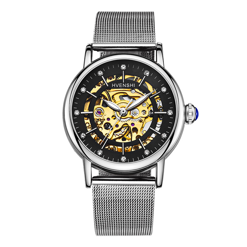 Sieviešu divpusējs skeleta pulkstenis ar automātisko kustību, nerūsējoša tērauda siksna, caurspīdīgs aizmugurējais vāciņš, ūdensizturība 50 m