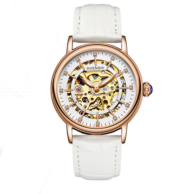 Sieviešu divpusējs skeleta pulkstenis ar automātisko kustību, nerūsējoša tērauda siksna, caurspīdīgs aizmugurējais vāciņš, ūdensizturība 50 m