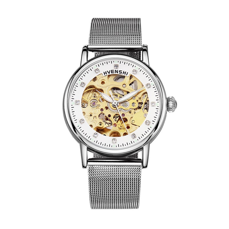 Sieviešu divpusējs skeleta pulkstenis ar automātisko kustību, nerūsējoša tērauda siksna, caurspīdīgs aizmugurējais vāciņš, ūdensizturība 50 m